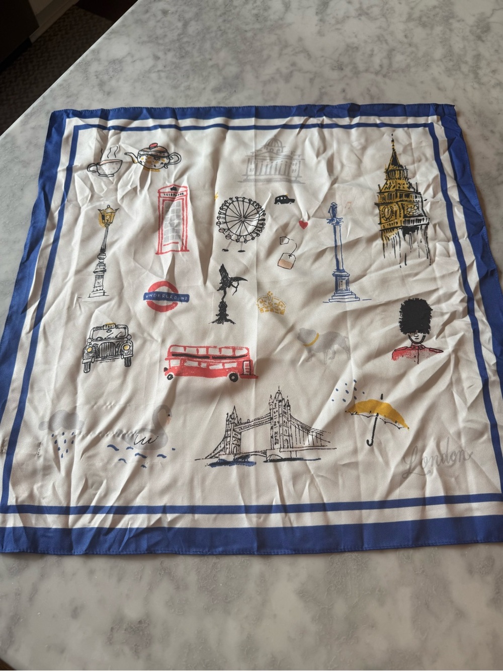 J.Crew London Scarf Blue Ivory Big Ben Double Decker Bus Travel Print